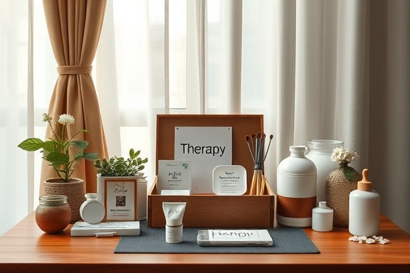 inviting therapy package, encouraging expression, arranged neatly, photorealistic, wooden desk with a variety of therapy tools, highly detailed, gentle breeze moving a curtain, warm earth tones, soft directional lighting, shot with a macro lens.