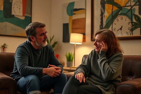 supportive therapy session, engaging expression, discussing emotions, photorealistic, comfortable lounge with abstract art on walls, highly detailed, soft music playing in the background, muted colors, ambient lighting, shot with a 35mm lens.