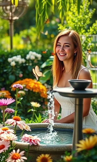 nurturing TRTP wellness, relaxing expression, enjoying a quiet moment, photorealistic, serene garden with flowers and a small fountain, highly detailed, butterflies fluttering, lush green, dappled sunlight, shot with a wide-angle lens.