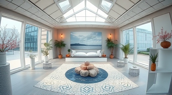 restorative TRTP wellness, peaceful expression, practicing guided imagery, photorealistic, open space with zen decor and water elements, highly detailed, birds chirping, calming blues and whites, diffused lighting, shot with a fisheye lens.