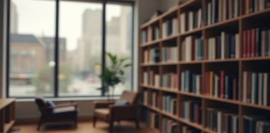 calming trtp counseling, mindful, listening, photorealistic, a quiet therapist’s office with bookshelves, highly detailed, distant city sounds, shallow depth of field, earth tones, overhead lighting, shot with a 85mm lens.