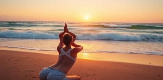 relaxing trtp wellbeing, rejuvenating, practicing yoga, photorealistic, a serene beach at dawn, highly detailed, crashing waves, panoramic view, warm hues, sunrise lighting, shot with an ultra-wide angle lens.