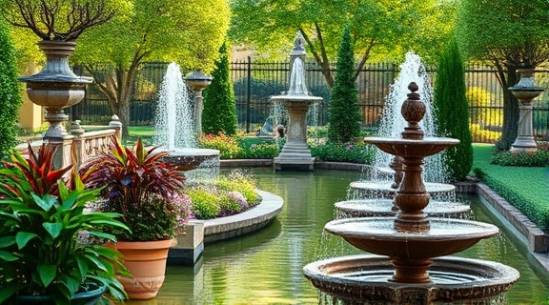 harmonious trtp healing, serene, garden walk, photorealistic, a botanical garden with fountains, highly detailed, chirping birds, high resolution, lush greens, dappled lighting, shot with a 24-70mm lens.