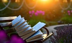 enlightened trtp healing, thoughtful, reading, photorealistic, a sun-drenched garden bench, highly detailed, the sound of flowing water, bokeh effect, lavender, twilight lighting, shot with a 50mm lens.