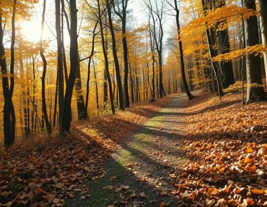 reflective trtp recovery, peaceful, walking a path, photorealistic, a forest trail with autumn leaves, highly detailed, crunching underfoot, atmospheric depth, amber, gentle sunrays, shot with a wide angle lens.