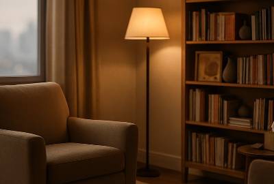 calming trtp counseling, mindful, listening, photorealistic, a quiet therapist’s office with bookshelves, highly detailed, distant city sounds, shallow depth of field, earth tones, overhead lighting, shot with a 85mm lens.