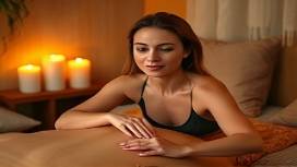 experienced TRTP practitioner, confident expression, supporting emotional release, photorealistic, a subtly lit therapeutic environment with candles and cushions, highly detailed, energy waves emanating from bodywork, warm golden colors, candle-lit glow, shot with a 100mm lens.