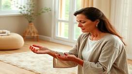 insightful TRTP practitioner, peaceful expression, practicing TRTP support, photorealistic, a naturalistic setting with wooden elements and soft rugs, highly detailed, vibrant energy flow between hands and client, soft beige tones, natural daylight through a window, shot with a wide-angle lens.